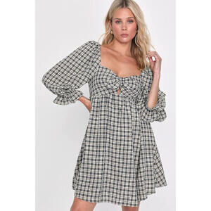 Lulus Charismatic Crush Grey Plaid Tie-front Balloon Sleeve Mini Dress - Size XS